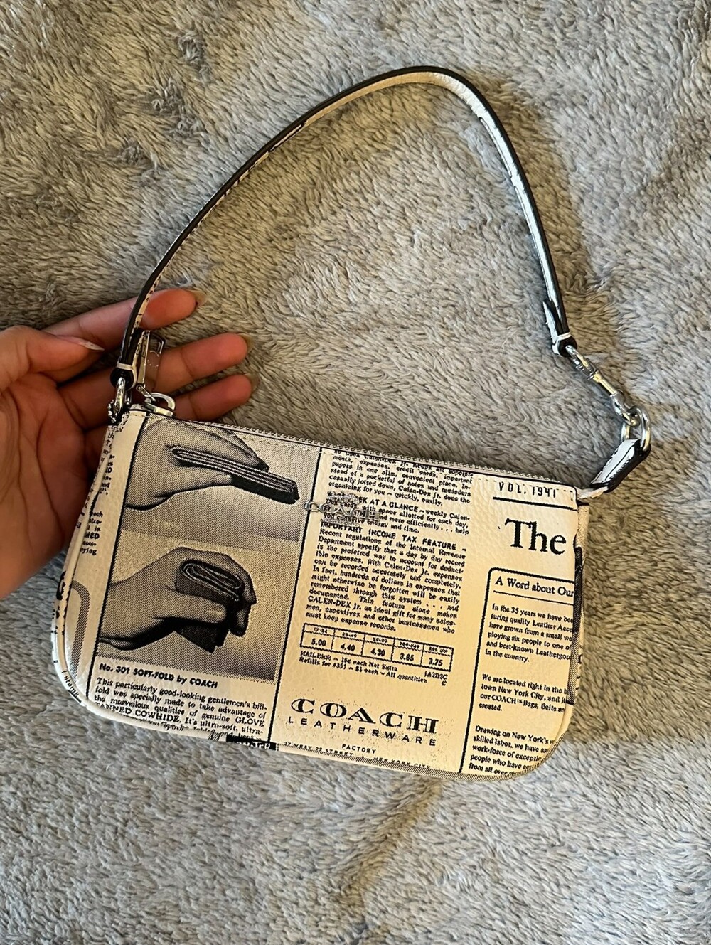 Coach Mini Shoulder Bag in Chalk Newspaper Print with Silver Accent